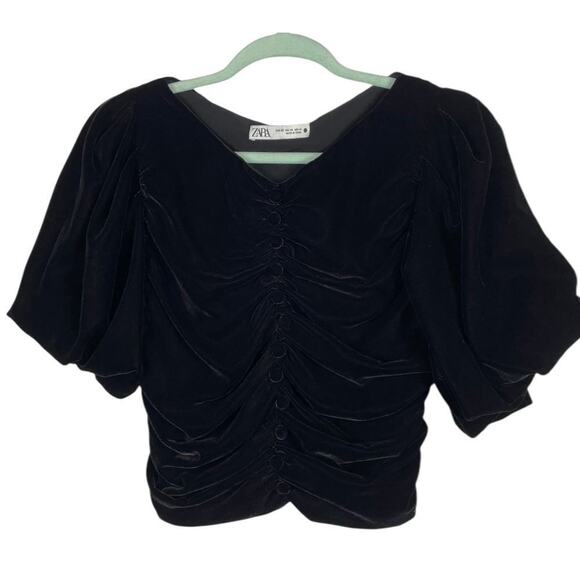 Zara Corie Black Velvet Top XS Puff Sleeve Button Detail Cropped Bloggers Fave - Picture 6 of 15